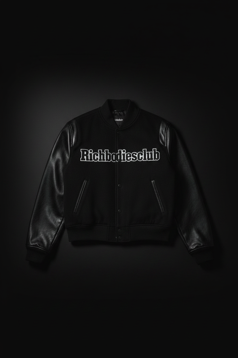 Richbodiesclub Cropped Varsity Jacket - Flat Lay Dark Background