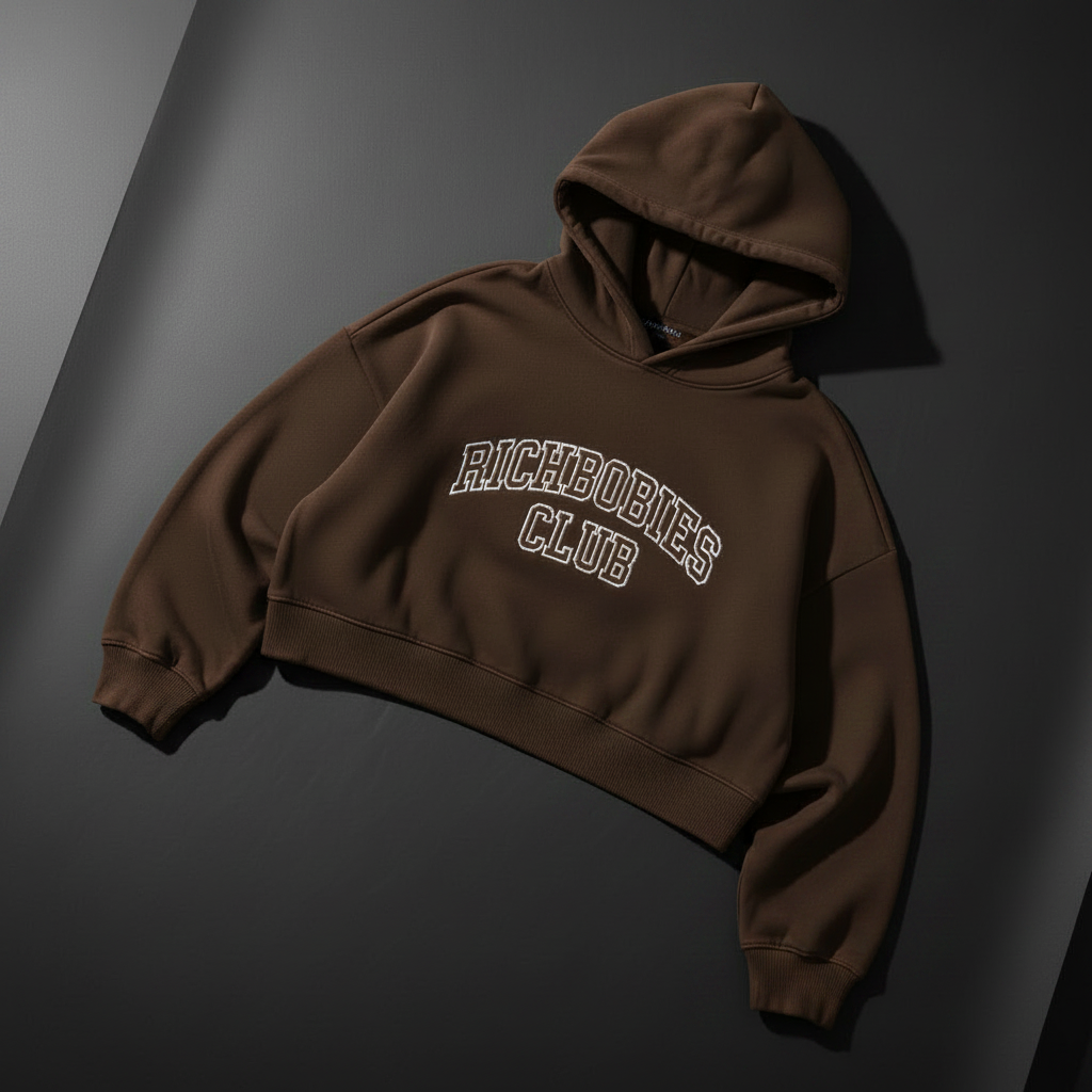 RICHBODIESCLUB Brown Cropped Varsity Hoodie