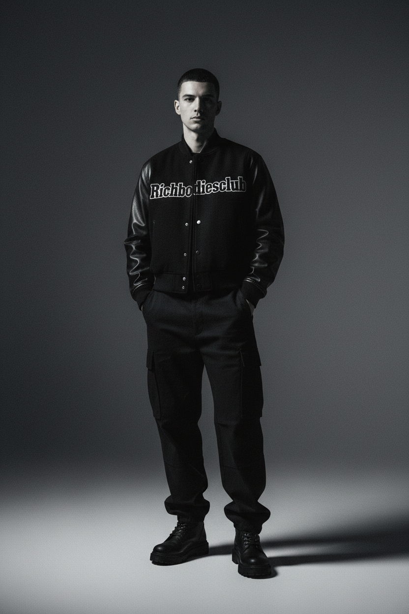 Richbodiesclub Cropped Varsity Jacket - All Black